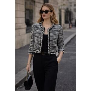 Alice + Olivia Tweed Cropped Jacket Fringe Blazer Black White Designer Small